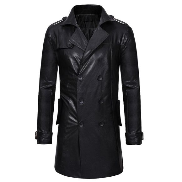 Casual long manteau de trench en cuir mince revers double boutonnage hommes - Noir 3XL