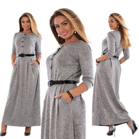 big size women sashes maxi dress with buttons long sleeved for