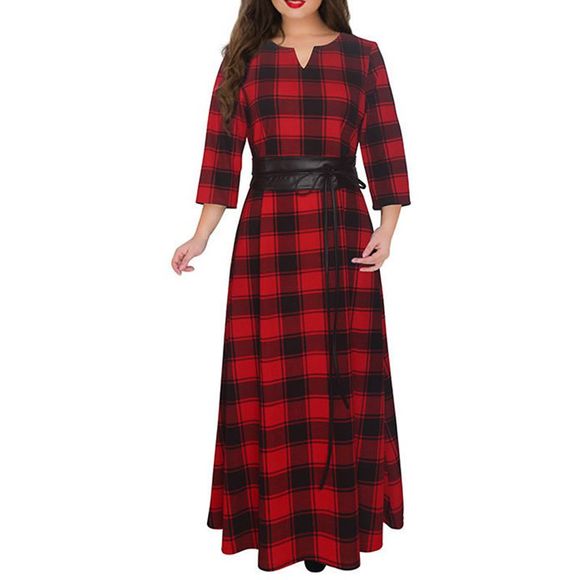 2018 nouvelle robe longue à carreaux rouge, plus la taille 5XL 6XL femmes robe d'hiver grande taille Maxi - Rouge Vineux 4XL