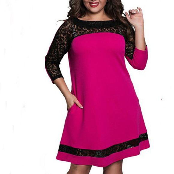 Plus Size Lace Patchwork Women Dress Fashion manches longues Robes neuves - Rouge Rose 2XL