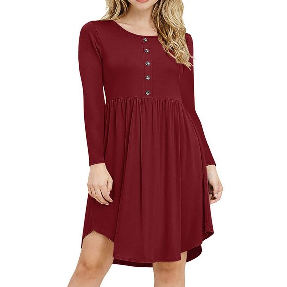 Nouvelle taille serrée col rond bouton robe à manches longues plissée - Rouge Vineux XL