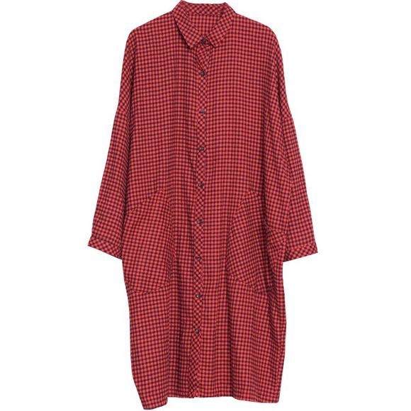 Robe confortable en coton à carreaux à la mode pour femme de grande taille - Rouge Lave 2XL