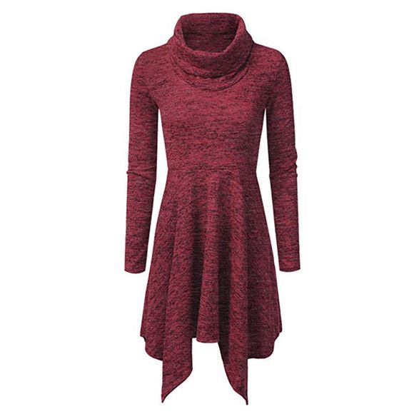 Robe à manches longues en tricot à col haut et irrégulière - Rouge Vineux L