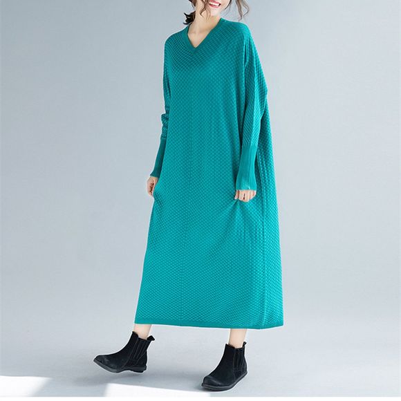 Robe en tricot à manches longues et col en V - Turquoise Moyenne ONE SIZE