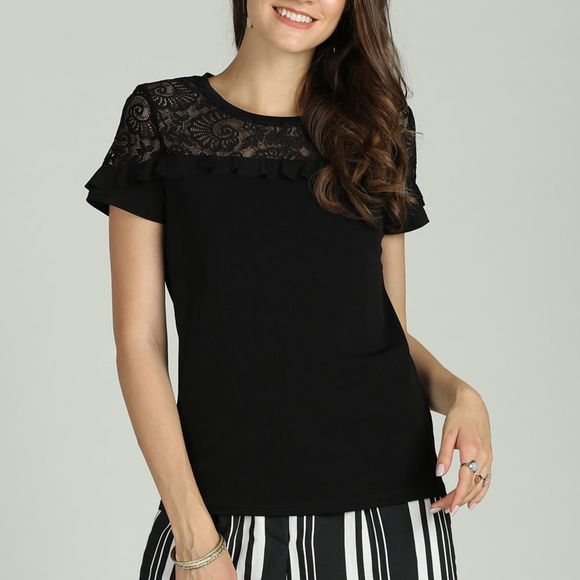 SBETRO T-shirt Femme À Manches Courtes En Dentelle Epaule Imprimé Floral Brodé - Noir 1XL