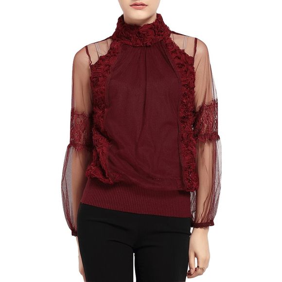 Rose col haut couture couture Perspective Sexy Stretch Slim Pull Tricot Femmes - Rouge Vineux XL