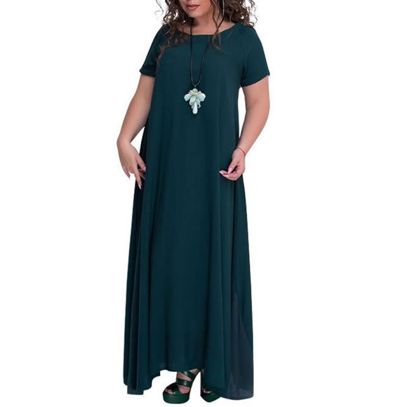 Couleur unie col rond robe longue - Vert Foncé 3XL