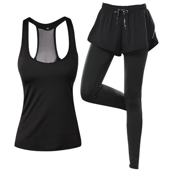Ensemble de vêtements de sport pour femmes, de couleur unie et de débardeurs, ensemble de leggings de yoga patchwork - Noir M