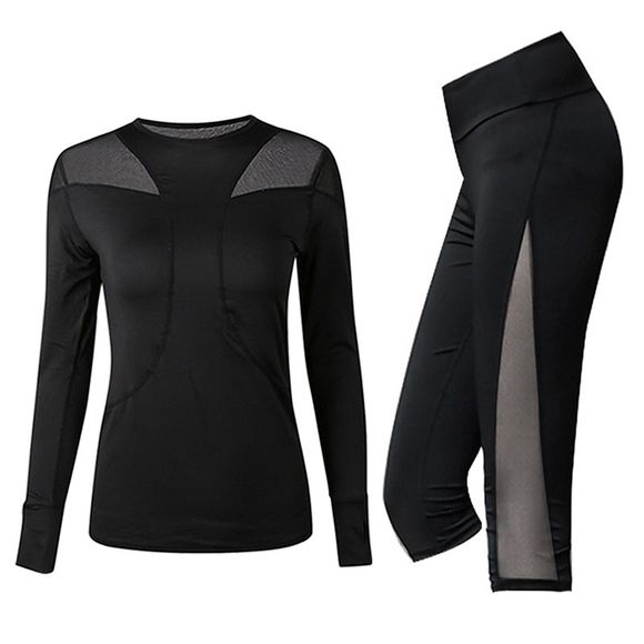 2 pcs vêtements de sport pour femmes ensemble couleur unie à manches longues t-shirt slim yoga court - Noir XL