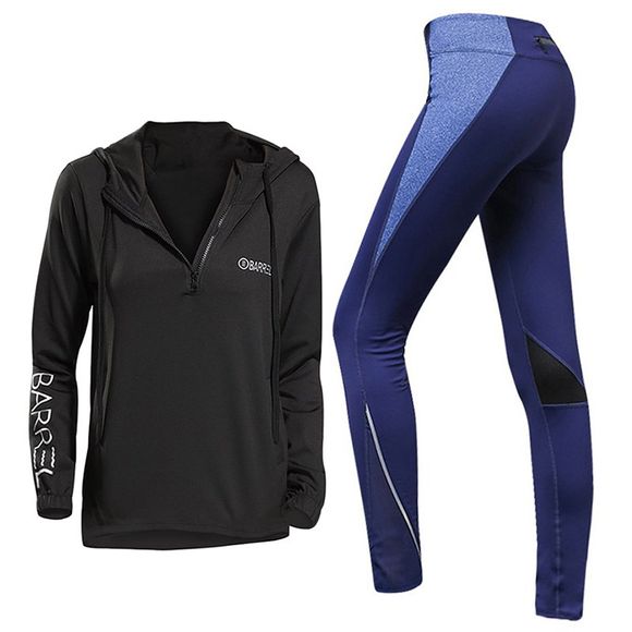 Ensemble de vêtements de sport pour femmes, 2 pièces, lettre imprimée à capuchon haut couleur bloc leggings - Bleu Marine L