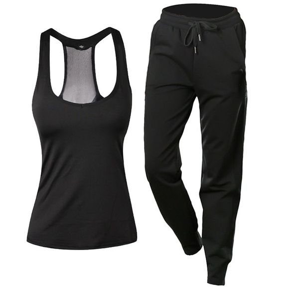 2 vêtements de sport pour femmes, ensemble de vêtements de sport de couleur unie, pantalon de yoga avec cordon de serrage - Noir M