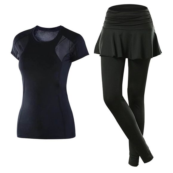 2 pcs vêtements de sport pour femmes t-shirt respirant patchwork jupe divisée ensemble - Noir XL