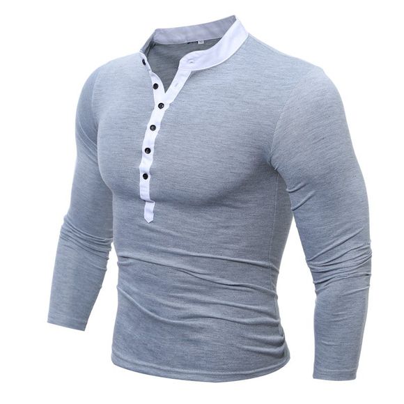 Men's Plus Size Cotton Slim T-shirt - Solid Colored Stand / Long Sleeve - Gris Clair L