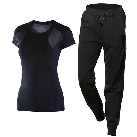 2 pcs vêtements de sport pour femmes o cou t-shirt couleur unie pantalon décontracté - Noir XL