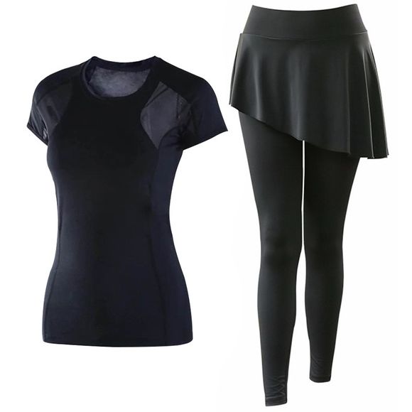 2 pcs vetements de sport pour femmes confortable o cou t-shirt patchwork jupe divisee - Noir XL