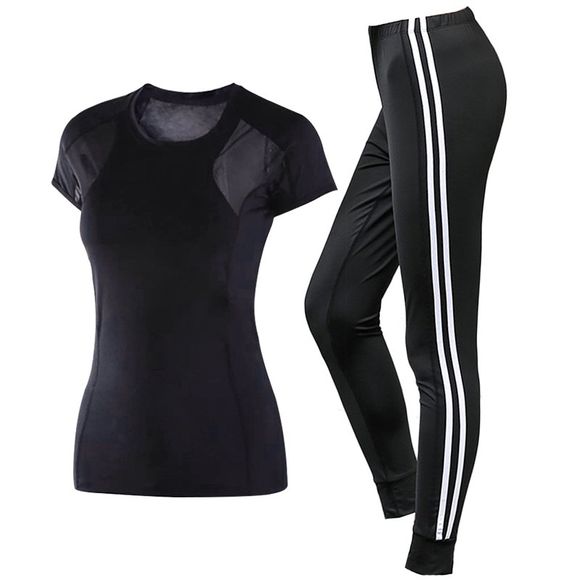 2 pcs vêtements de sport pour femmes o cou t-shirt rayé ensemble de pantalons de fitness - Noir M