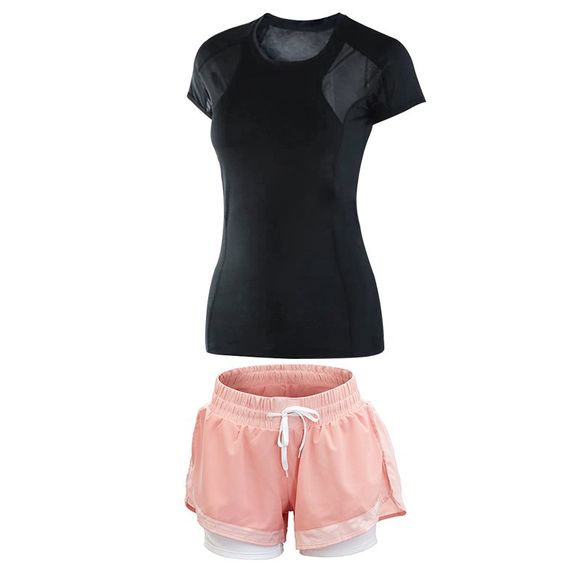 2 pcs vetements de sport pour femmes t-shirt cou cou confortable set shorts de remise en forme - Rose L