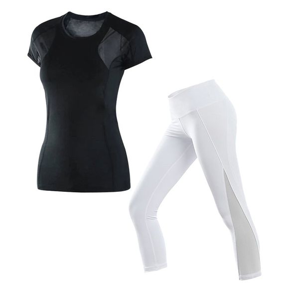 2 pcs vêtements de sport pour femmes T-shirt Cou Cou Patchwork Yoga Pantalon court - Blanc XL