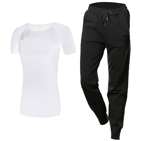 2 pcs vetements de sport pour femmes respirant o cou t-shirt couleur unie pantalon ensemble - Blanc L