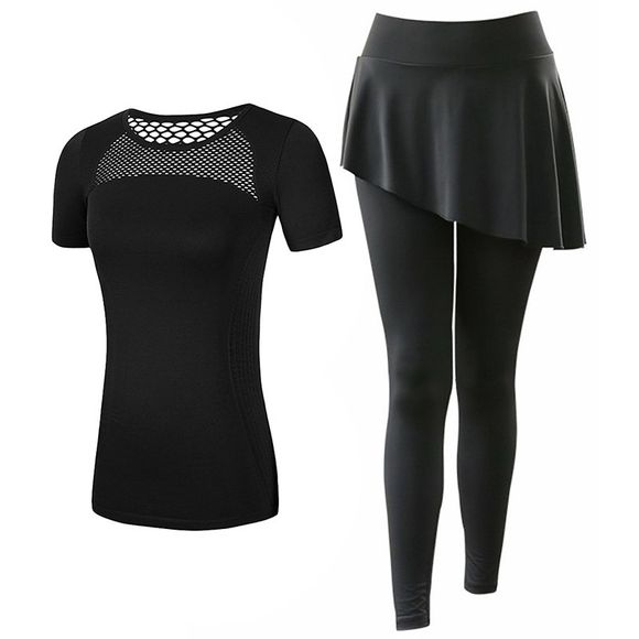 2 pcs vêtements de sport pour femmes t-shirt patchwork jupe divisée - Noir S