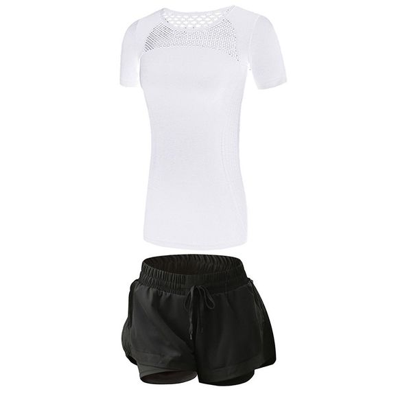 Ensemble de vêtements de fitness pour femmes, 2 pièces, creux sur un t-shirt respirant, short de course S - Blanc Lait S