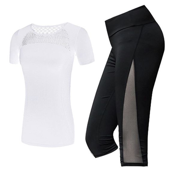 Ensemble de 2 vêtements de fitness pour femmes respirant t-shirt à manches courtes avec patchwork - Blanc S