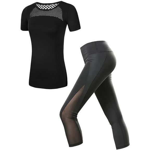 Ensemble de vêtements de fitness pour femmes, 2 pièces, respirant, col t-shirt, patchwork, cropp - Noir Profond L
