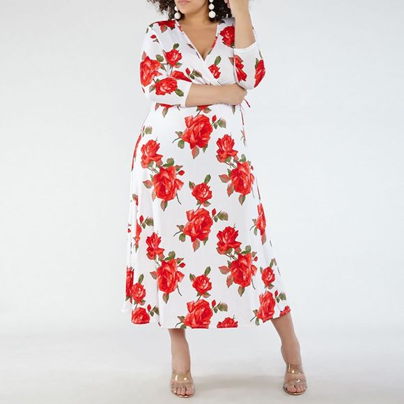 Nouvelle mode femmes été grande robe de taille 2018 profond v-cou sexy floral - Blanc 2XL