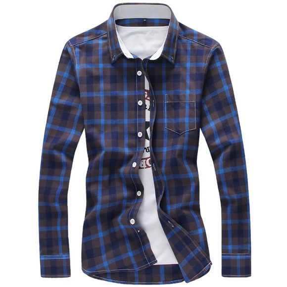 Chemise à manches longues Casual Lattice Fashion pour hommes - Bleu 4XL
