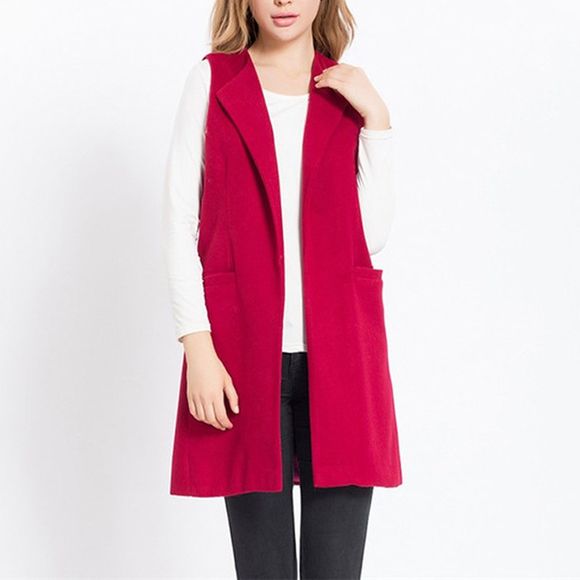 Gilet en mélange de laine pour femmes Gilet long Lady Office Wear Gilet sans manches, plus la taille - Rouge Rose 2XL