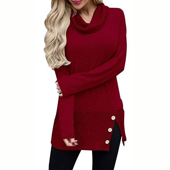 T-shirt long pour femme avec col haut et boutons à manches longues en automne - Rouge Vineux M