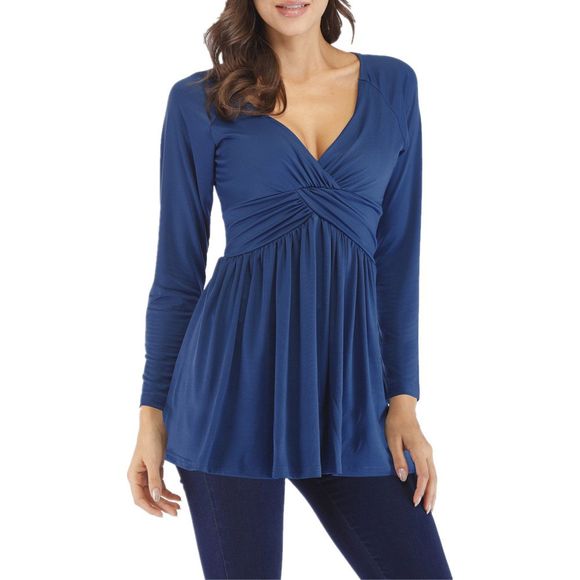 T-shirt à manches longues pour femmes avec col en V, couleur unie, taille décontractée et grande taille - Bleu L