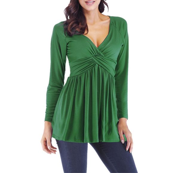 T-shirt à manches longues pour femmes avec col en V, couleur unie, taille décontractée et grande taille - Vert profond 2XL