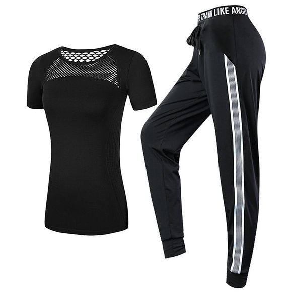 2 vêtements de sport pour femmes, plus la taille évider t-shirt à rayures pantalons ensemble - Noir L