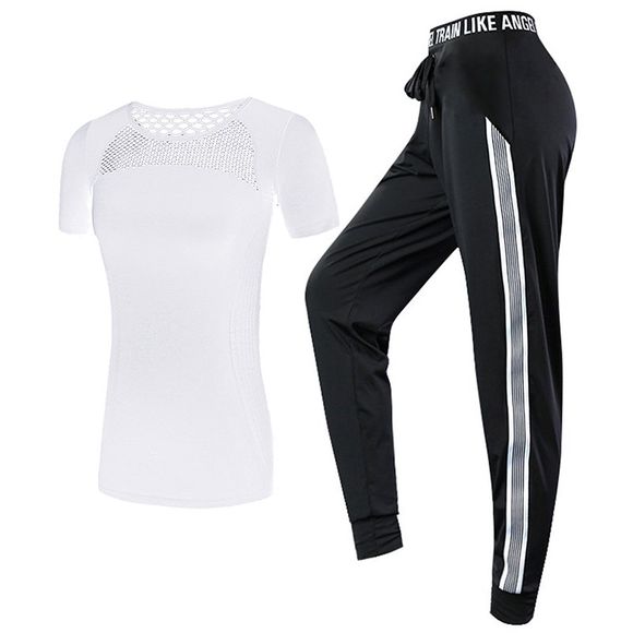 2 vêtements de sport pour femmes, plus la taille évider t-shirt à rayures pantalons ensemble - Blanc M