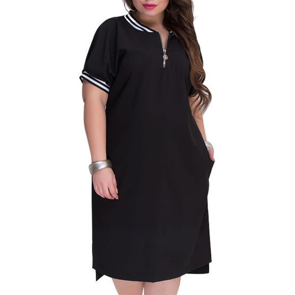 Été nouvelle solide grande taille femmes robes avec fermeture à glissière o-cou occasionnels longue robe - Noir 6XL