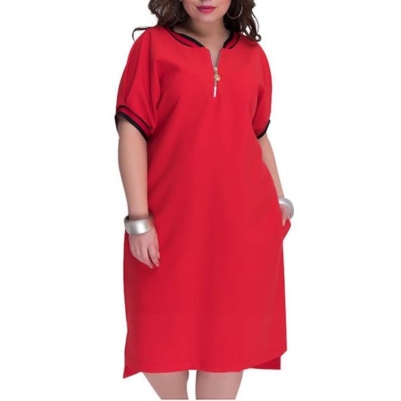Nouvelles robes de femmes de grande taille solides avec des fermetures à glissière o-cou casual robe longue - Rouge 6XL