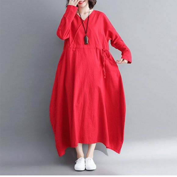 Robes à Manches Longues en Coton et Lin - Rouge XL