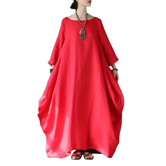 Style ethnique Style chinois en vrac grande robe rouge en coton et lin de grande taille - Rouge ONE SIZE