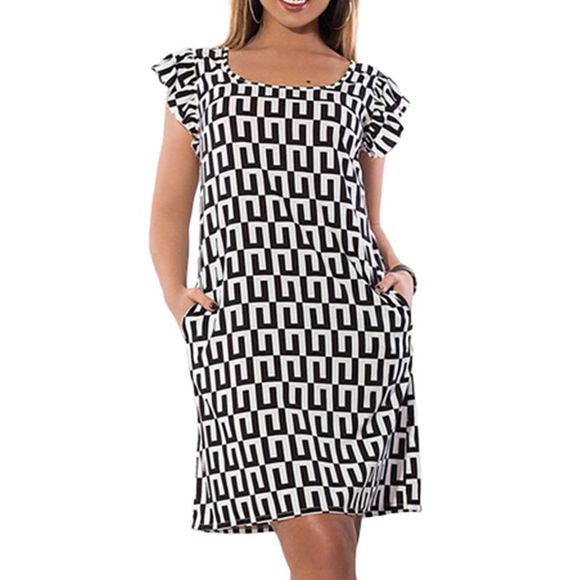 Nouvelle robe géométrique pour femmes imprimée en été grande taille Ruffles Femme Robes Large - Noir 2XL