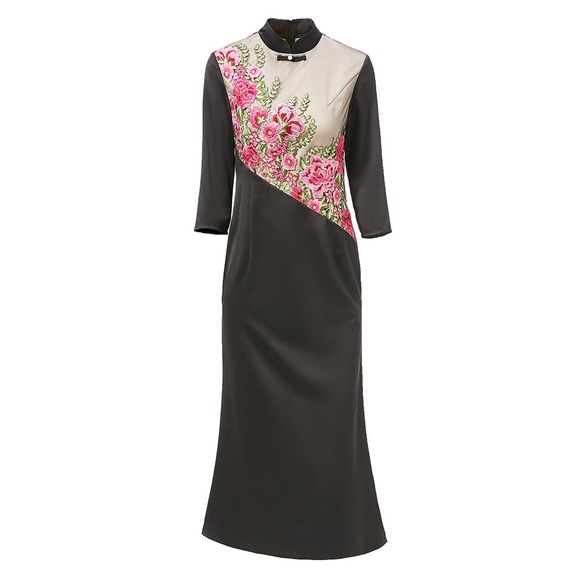 UILY 2019 nouveau chinois Cheongsam Mesh fil broderie robe de jupe en queue de poisson - Noir XL