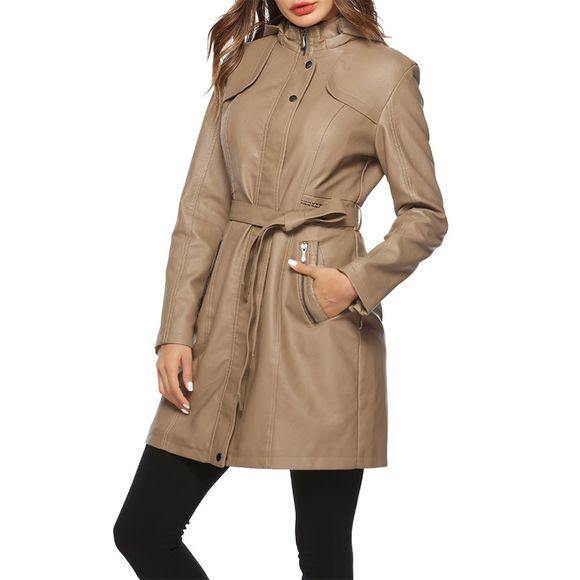 Manteau long moyen en cuir épaississant avec capuchon détachable - Kaki Léger S