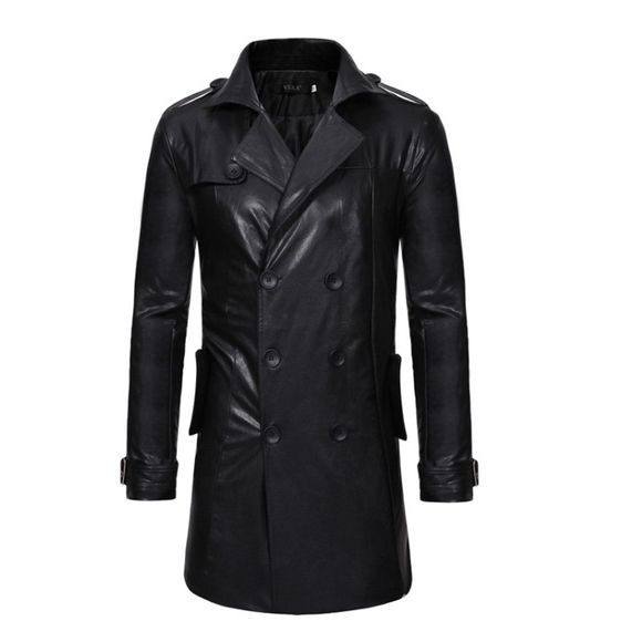 Trench-coat long en cuir mince et décontracté pour hommes, grand revers - Noir 2XL