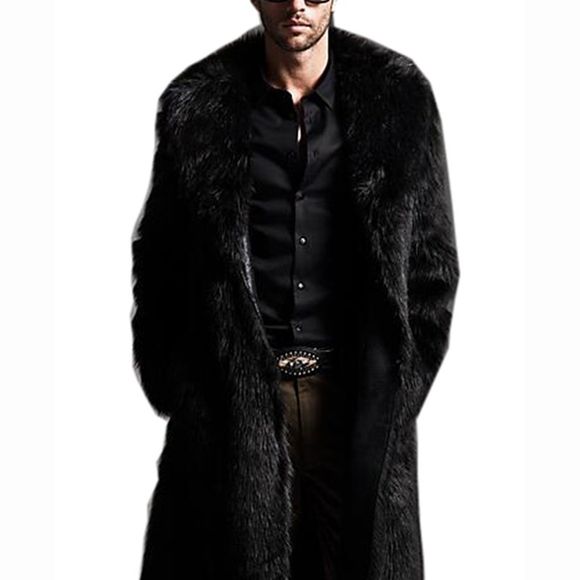 Manteau long de grande taille en fausse fourrure pour hommes, col de chemise de couleur unie - Noir 4XL