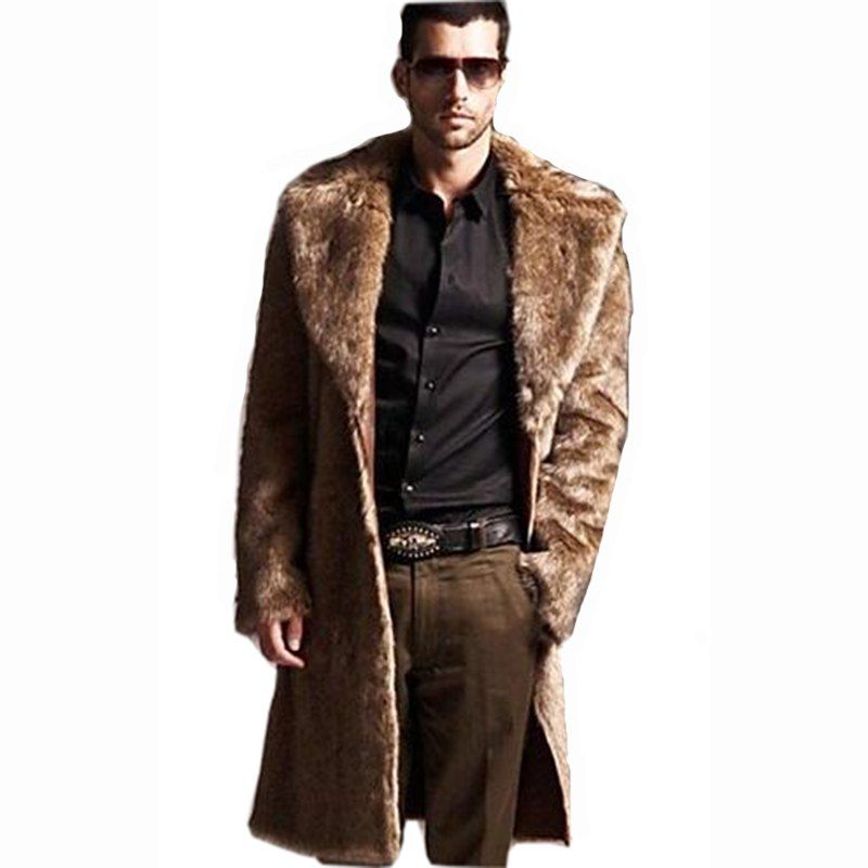 

Men's Long Plus Size Faux Fur Coat Solid Colored Shirt Collar, Brown