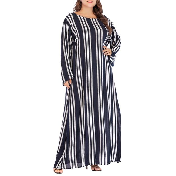 Plus Size Casual Stripe Loose Long Dress - Bleu de Minuit 4XL
