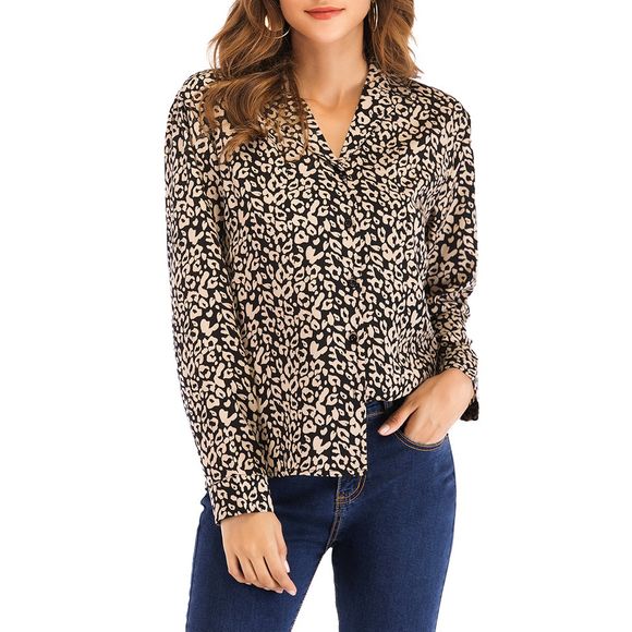 Chemise à manches longues léopard Slim Temperament pour femme - Noir S