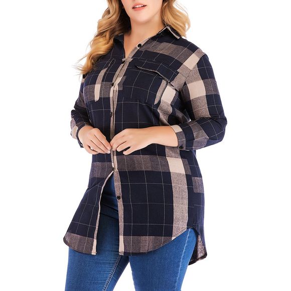 Chemise décontractée longue à carreaux en coton de grande taille pour femmes - Cadetblue 3XL
