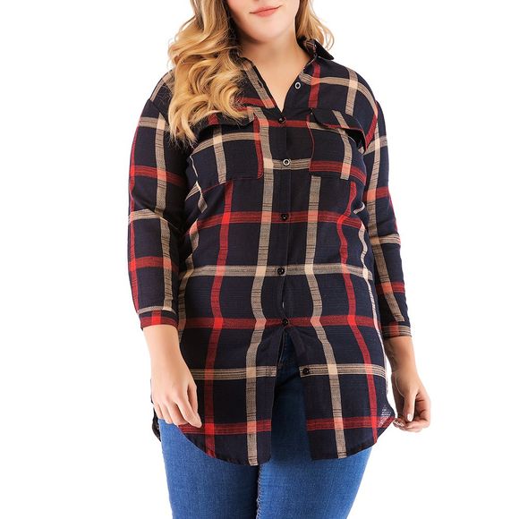 Chemise décontractée longue à carreaux en coton de grande taille pour femmes - Rouge 4XL