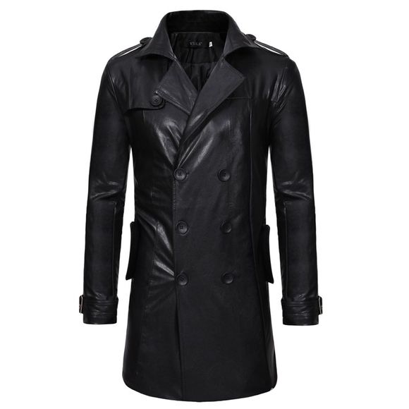 Manteau long en cuir pour hommes avec vêtements à double boutonnage - Noir L